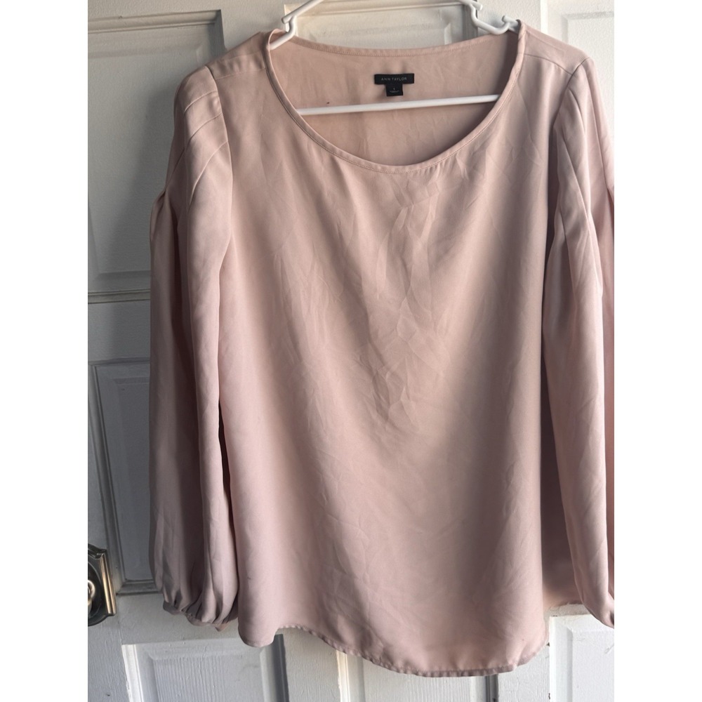 Ann Taylor Women's Light Pink Button Pleated Round Neck Long Sleeve Blouse S